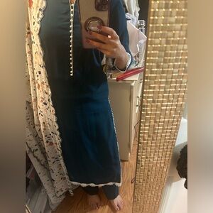 Teal georgette kameez and pants with printed dupatta